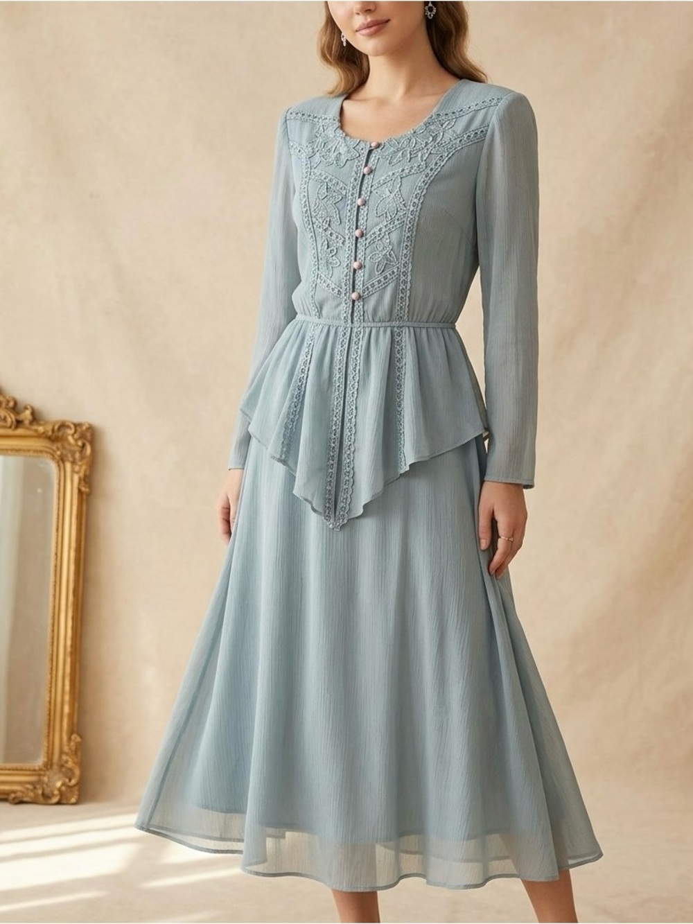 Spencer Alexis Vintage 80’s Light Blue Embroidered Long-Sleeve Maxi Dress Sz 10